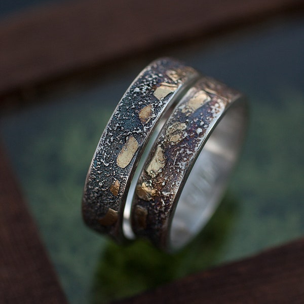 Wedding ring set: Rustic wedding bands, Matching wedding bands, Wedding band set his and hers, Black wedding bands, Gold silver ring set