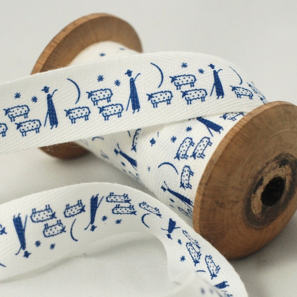 Blue White Printed Cotton Ribbon - adorable Shepherd minding his Sheep - 1 meter - quilting craft sewing bunting decoration, needlework