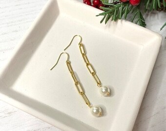Moving Sale White Pearl Paperclip Chain Statement Earrings- Brass Gold Tone Gift Idea-Wedding