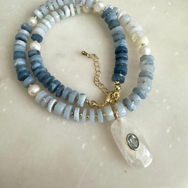Blue Opal Heishi Necklace, Freshwater Pearl, Moonstone Blue Topaz Pendant, Gold Filled