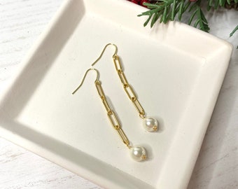 White Pearl Paperclip Chain Statement Earrings- Brass Gold Tone Gift Idea-Wedding