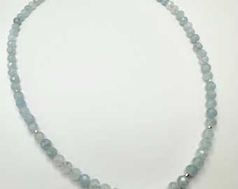 Aquamarine Beaded Necklace: Aqua Chalcedony Teardrop Pendant, Silver Plated