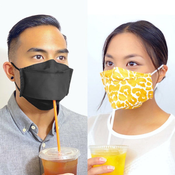 Drink Mask / Straw Mask / Mask with Straw Hole / Self Closing Straw Hole / Hands Free Design / Straw Mask with Flap / Nose Wire/ Made in USA