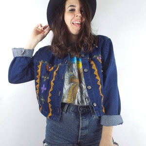 Vintage 90s Tribal Design Studded and Cropped Denim Jacket