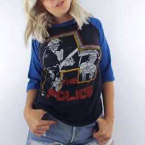 Vintage 80s Distressed Black and Blue The Police Baseball Tee