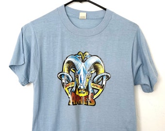 Vintage 70s Baby Blue Glittery Aries Zodiac Sign Tee