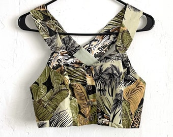 Vintage 70s Tropical Print Button Down Crop Top