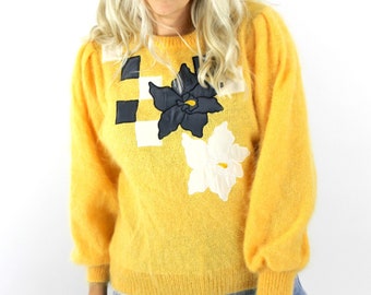 Vintage 80s Yellow Flower Design Mohair Sweater