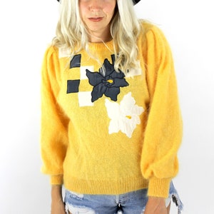 Vintage 80s Yellow Flower Design Mohair Sweater image 1