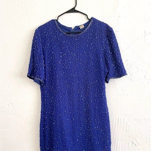 Vintage 80s Blue Silk Sequined and Beaded Midi Dress