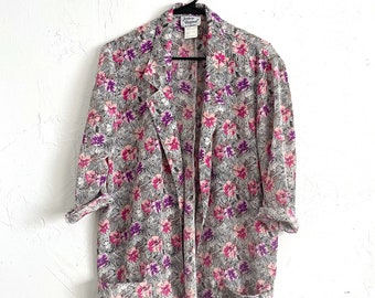 Vintage 80s Long Pink Purple and White Open Floral Print Blazer