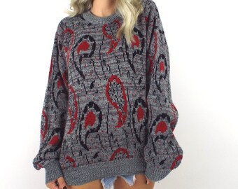 Vintage 80s Red and Black Paisley Print Sweater