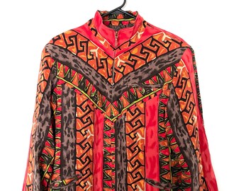 Vintage 90s Orange and Red Silk Tribal Print Bomber Jacket