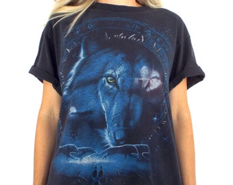 Vintage 90s Black and Blue Wolf Tee