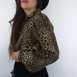Vintage Silk and Leather Leopard Print Studded Button Down Blouse