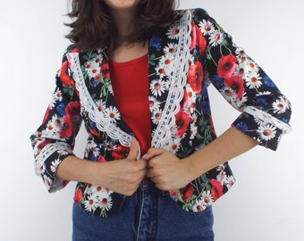 Vintage 90s Cropped Lace Trim Floral Print Blazer