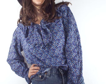 Vintage 90s Blue Ruffled Floral Print Blouse