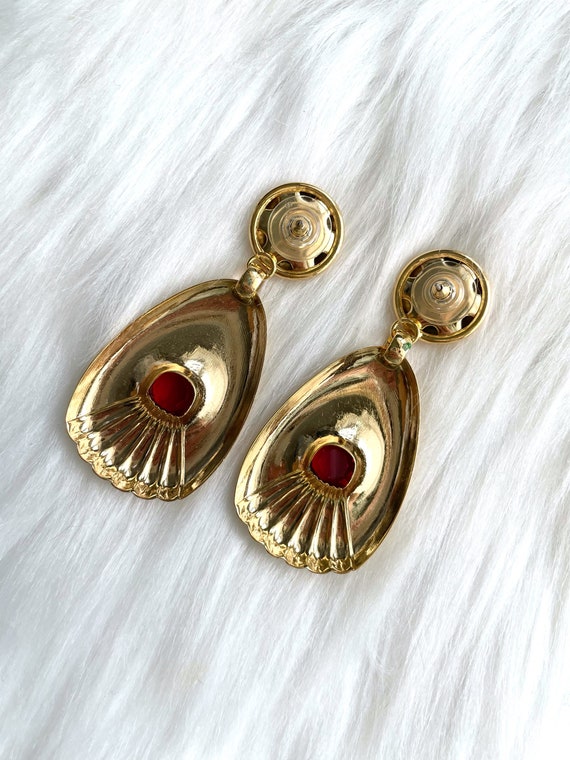Vintage Large Faux Gold Dangling Red Gemstone Ear… - image 4