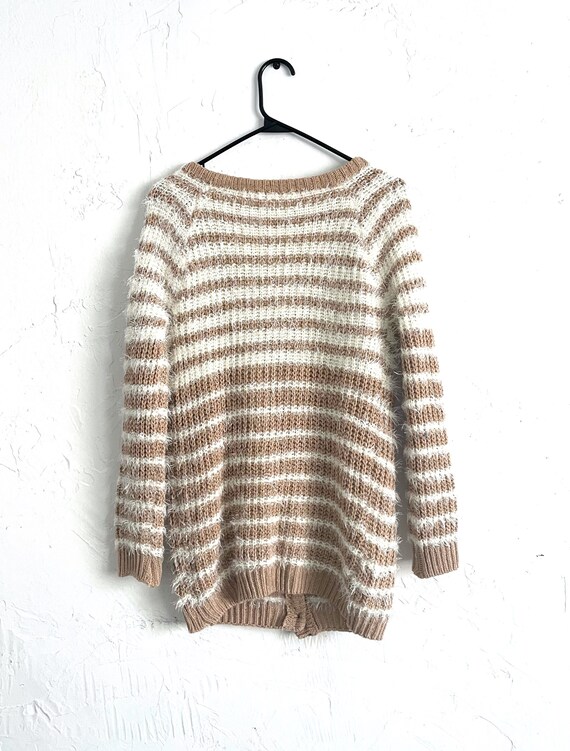 Vintage 90s Tan and White Fuzzy Striped Cardigan - image 3