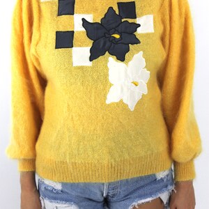 Vintage 80s Yellow Flower Design Mohair Sweater image 4