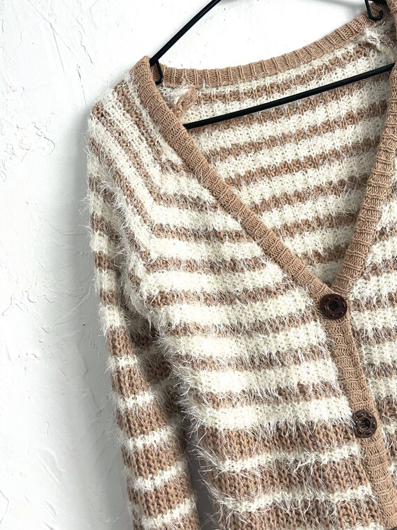 Vintage 90s Tan and White Fuzzy Striped Cardigan - image 2