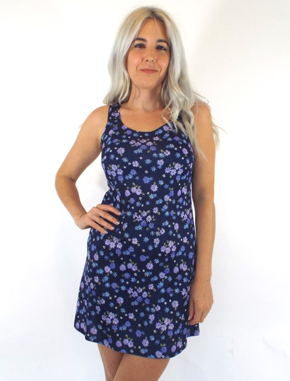 Vintage 90s Purple and Blue Floral Print Mini Dres