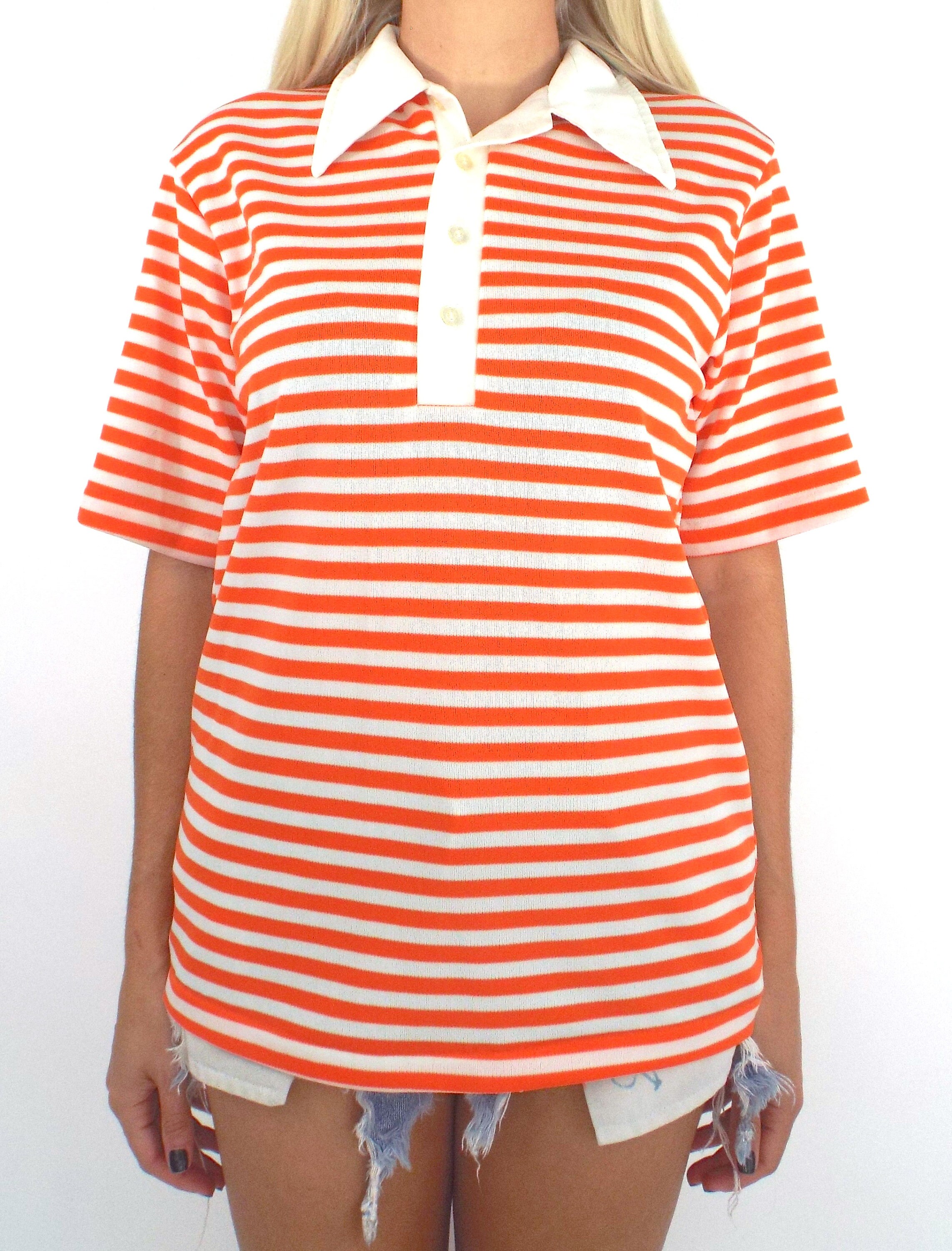 Vintage 70s Polyester Striped Polo Top - Etsy Vintage 70s Polyester Striped Polo Top - Etsy
