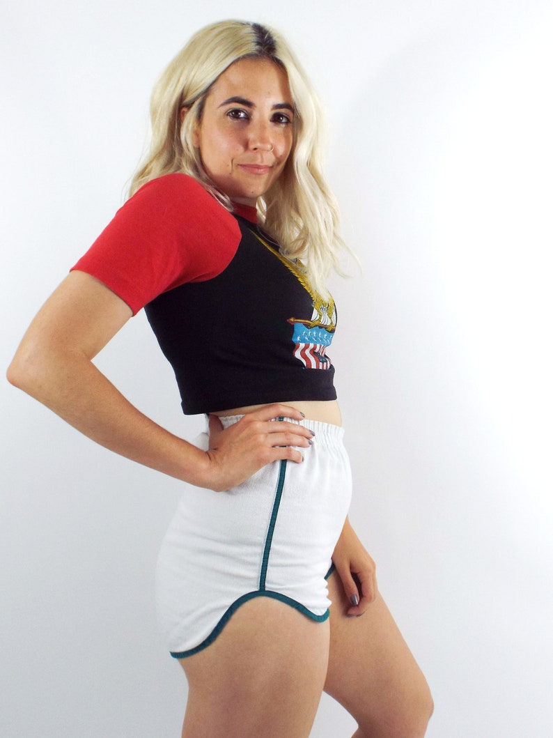 Vintage 70s High-Waisted Green and White Gym Shorts image 2