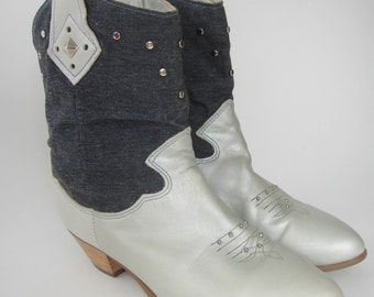 Vintage 80s Denim and Leather Studded Cowboy-Style Ankle Boots -- Size 6.5