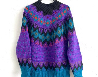 Vintage 80s Chunky Knit Purple Printed Sweater