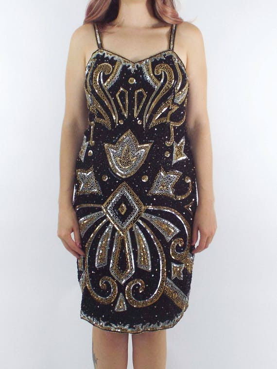Vintage 80s Silk Gold and Silver Sequined and Bea… - image 4