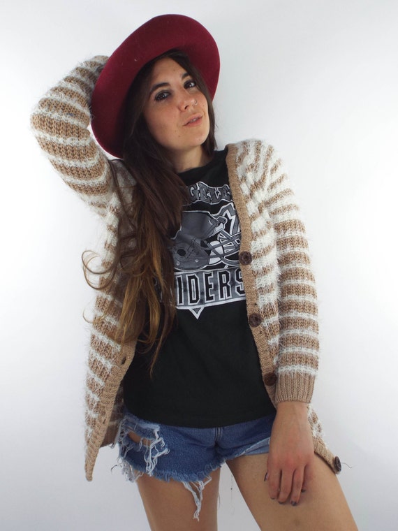 Vintage 90s Tan and White Fuzzy Striped Cardigan - image 7