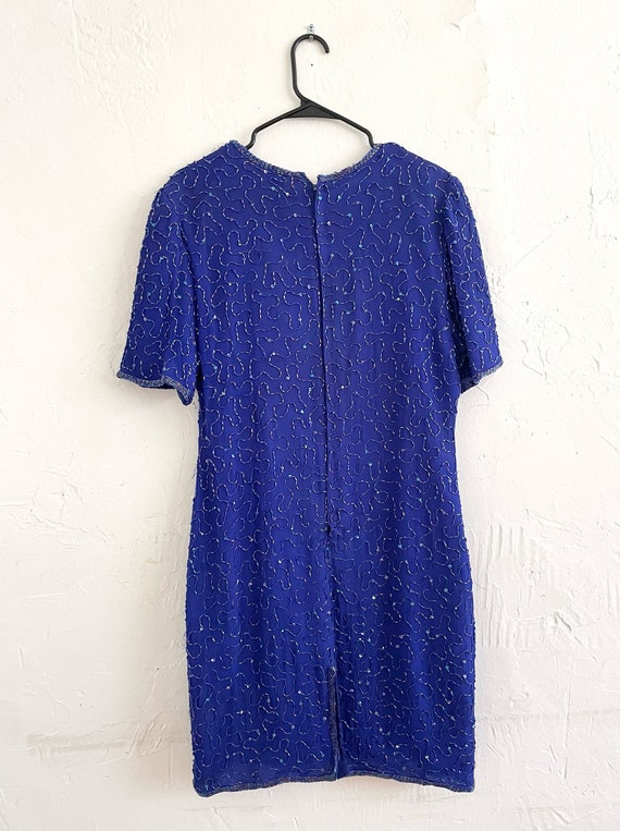 Vintage 80s Blue Silk Sequined and Beaded Midi Dr… - image 4