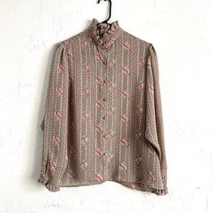 Vintage 80s Ruffled Floral Print Chiffon Blouse