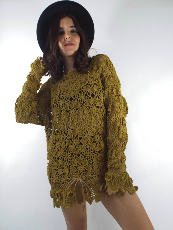 Vintage 90s Sheer Mustard Yellow Crochet Dress