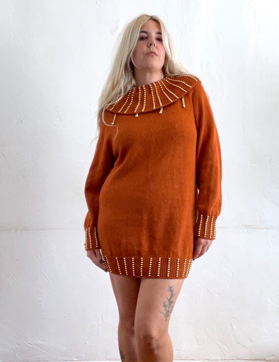 Vintage 90s Burnt Orange Beaded Mini Sweater Dress