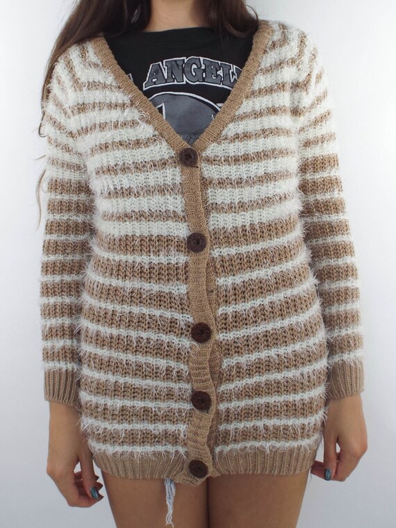 Vintage 90s Tan and White Fuzzy Striped Cardigan - image 5