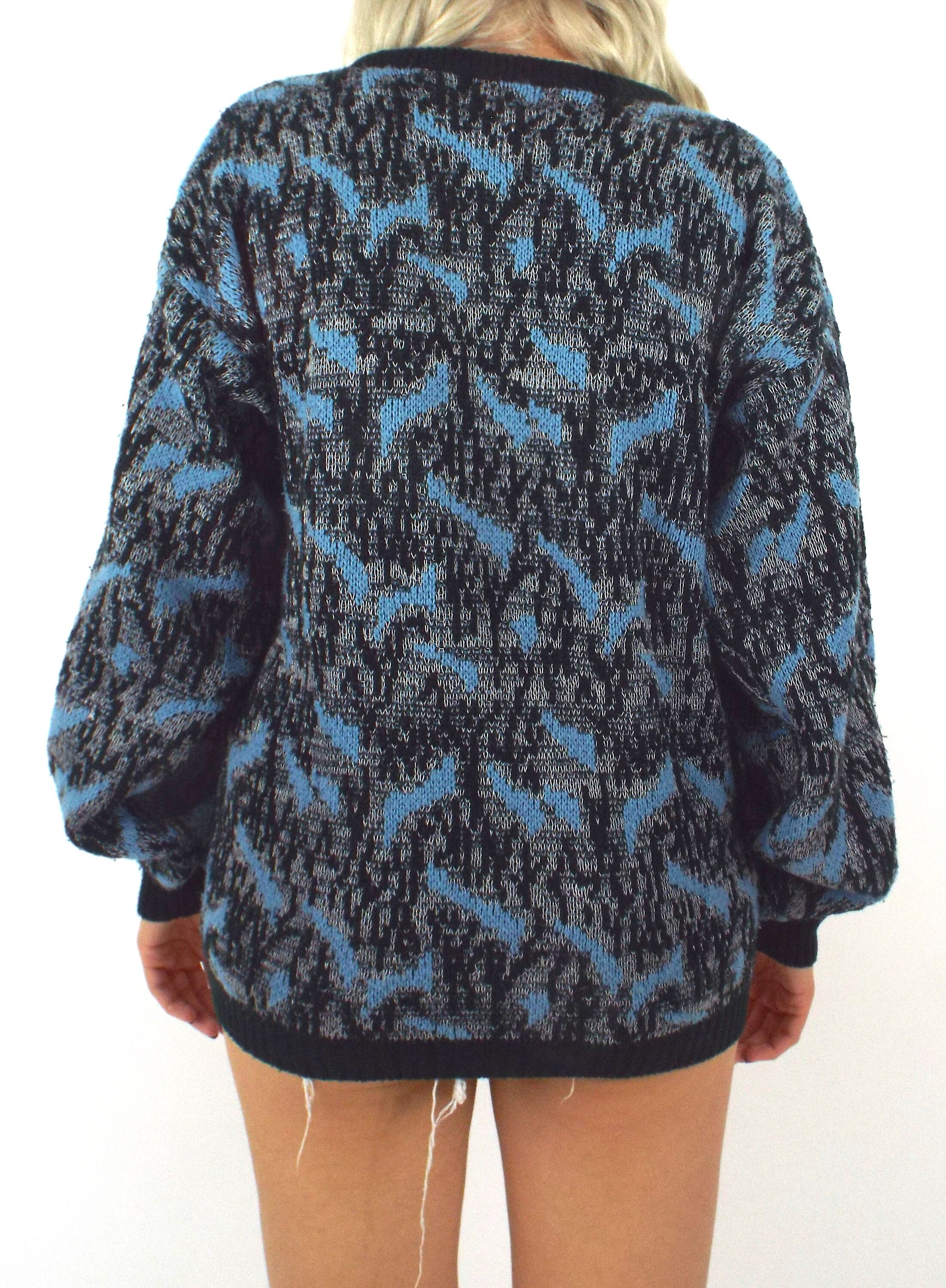 Vintage 80s Cozy Oversized Black and Blue Graphic Sweater - Etsy 