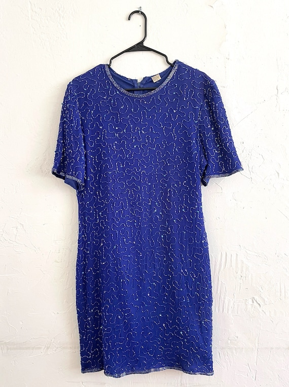 Vintage 80s Blue Silk Sequined and Beaded Midi Dr… - image 1