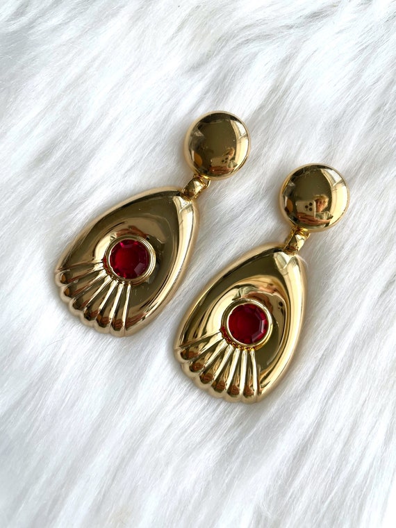 Vintage Large Faux Gold Dangling Red Gemstone Ear… - image 1