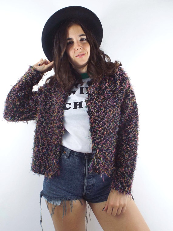 Vintage 90s Colorful Fuzzy Cropped Cardigan - image 1