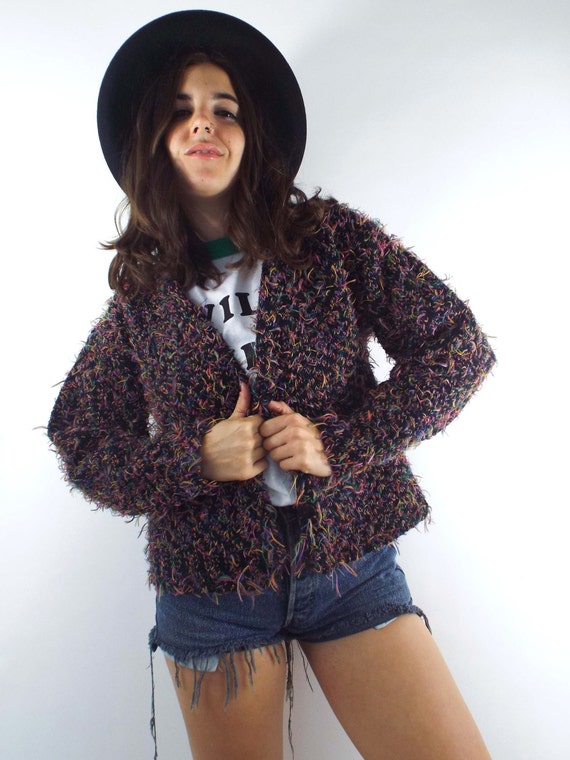 Vintage 90s Colorful Fuzzy Cropped Cardigan - image 4