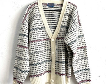 Vintage 70s Pendleton White Plaid Cozy Wool Knit Cardigan