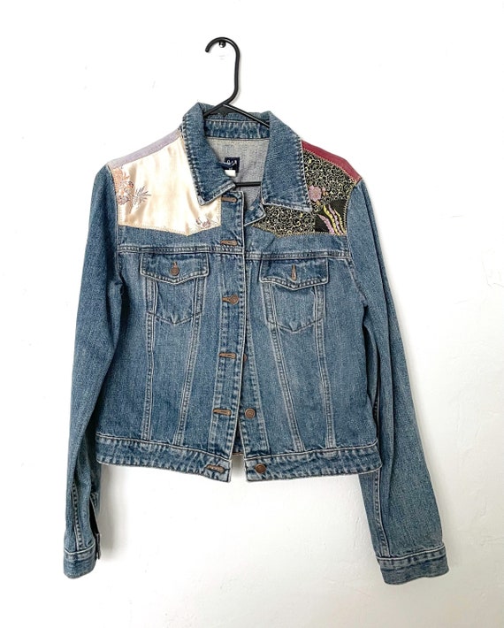 Vintage 90s Patchwork Design Medium Wash Denim Ja… - image 1