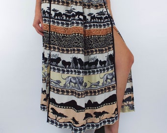 Vintage 90s Safari Print High Slit Maxi Skirt