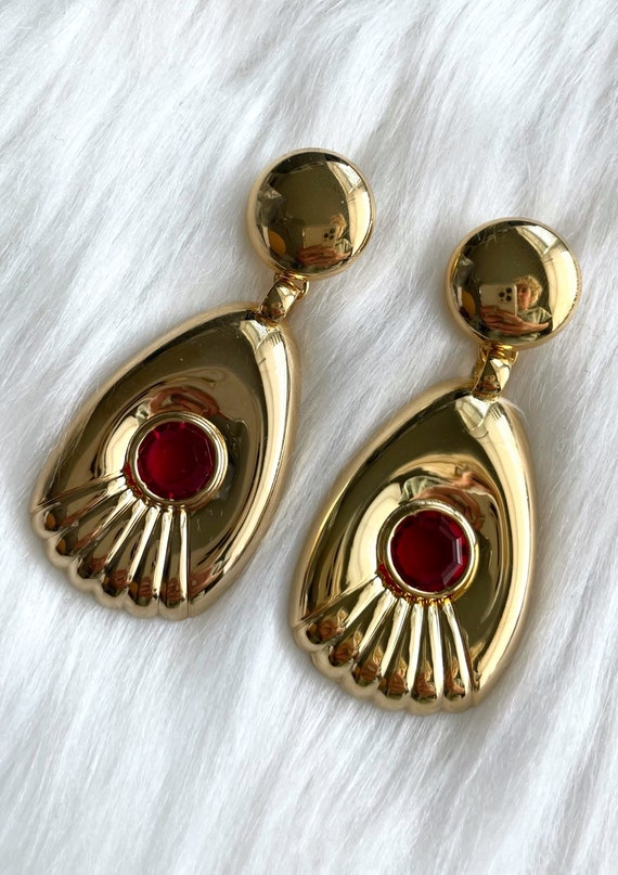 Vintage Large Faux Gold Dangling Red Gemstone Ear… - image 3