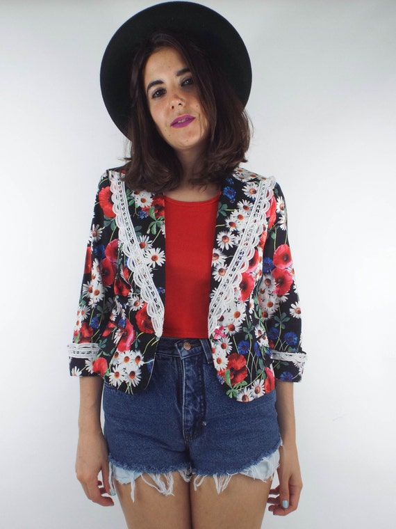 Vintage 90s Cropped Lace Trim Floral Print Blazer - image 2