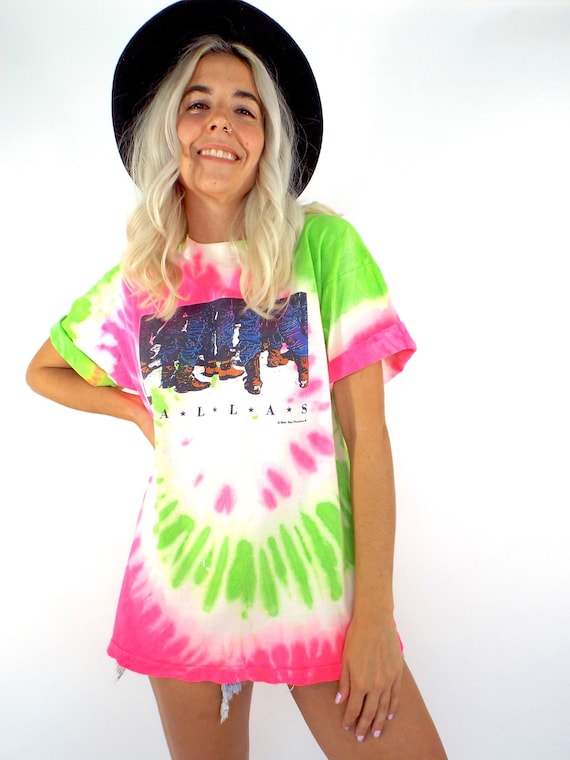 Vintage 80s Neon Pink and Green Tie Dye Dallas, Te