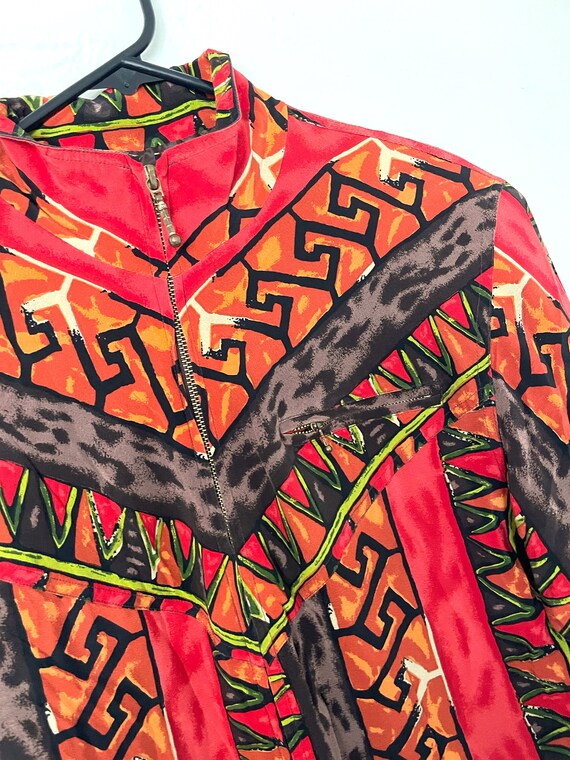 Vintage 90s Orange and Red Silk Tribal Print Bomb… - image 2