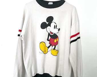 Vintage 80s Mickey Mouse Retro Striped Sleeve Sweatshirt